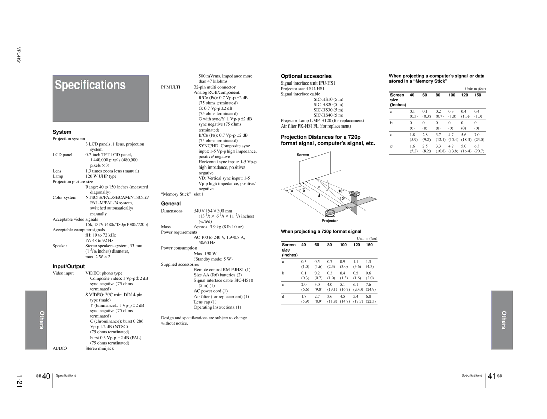 Sony RMPJHS1, SUHS1, VPLHS1FP service manual Specifications, System 