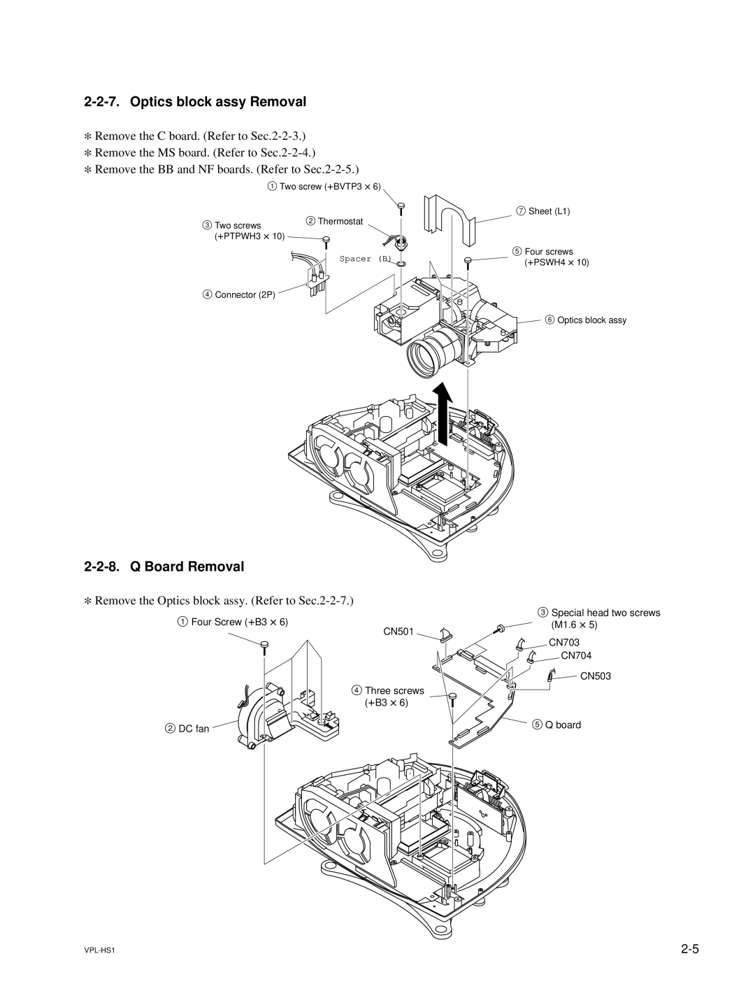 Sony RMPJHS1, SUHS1, VPLHS1FP service manual Optics block assy Removal, Remove the Optics block assy. Refer to Sec.2-2-7 