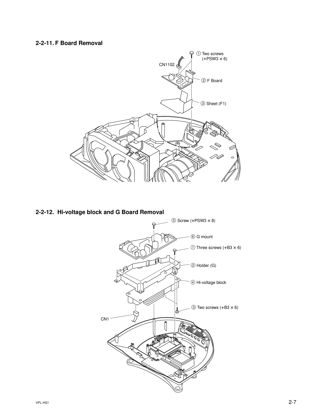 Sony VPLHS1FP, SUHS1, RMPJHS1 service manual Hi-voltage block and G Board Removal 