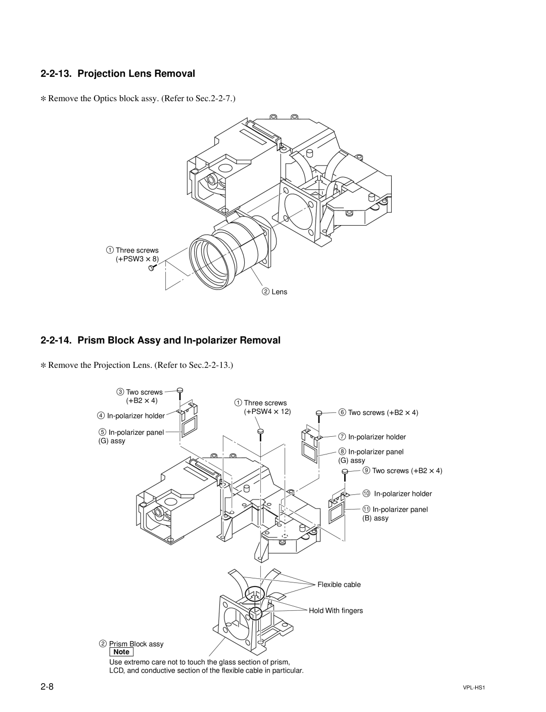 Sony RMPJHS1, SUHS1, VPLHS1FP service manual Projection Lens Removal, Prism Block Assy and In-polarizer Removal 