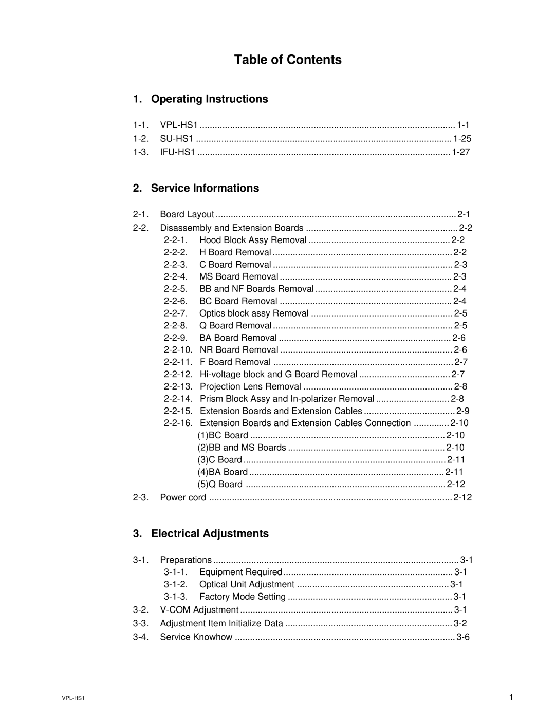 Sony RMPJHS1, SUHS1, VPLHS1FP service manual Table of Contents 