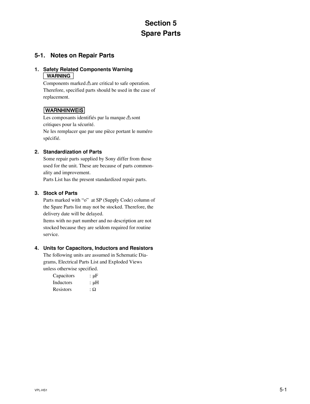 Sony SUHS1, VPLHS1FP, RMPJHS1 service manual Safety Related Components Warning w, Standardization of Parts, Stock of Parts 