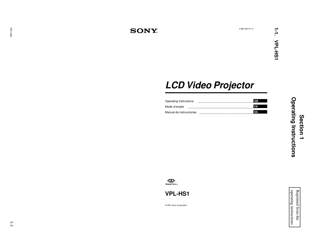 Sony SUHS1, VPLHS1FP, RMPJHS1 service manual LCD Video Projector 