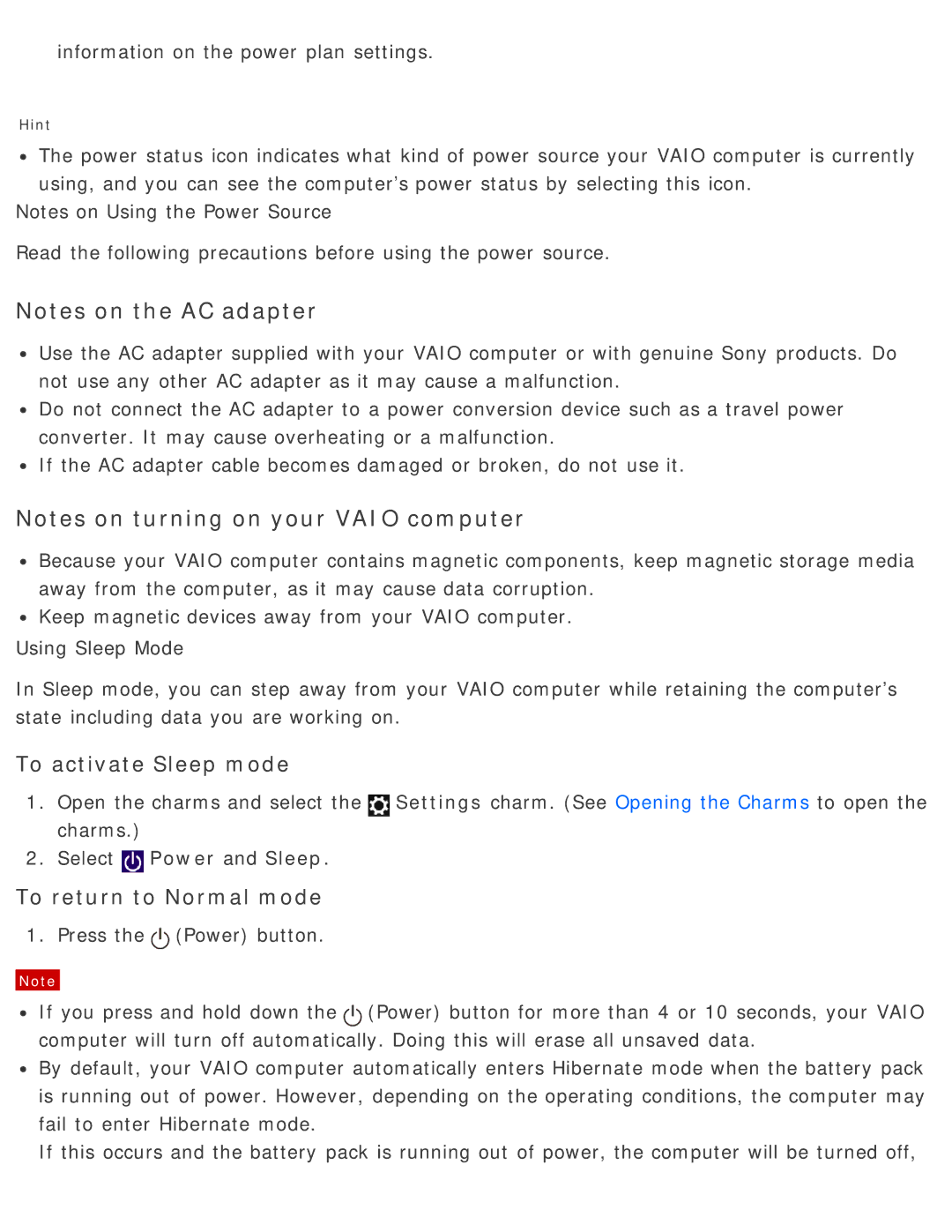 Sony SVD13225PXB manual Information on the power plan settings 