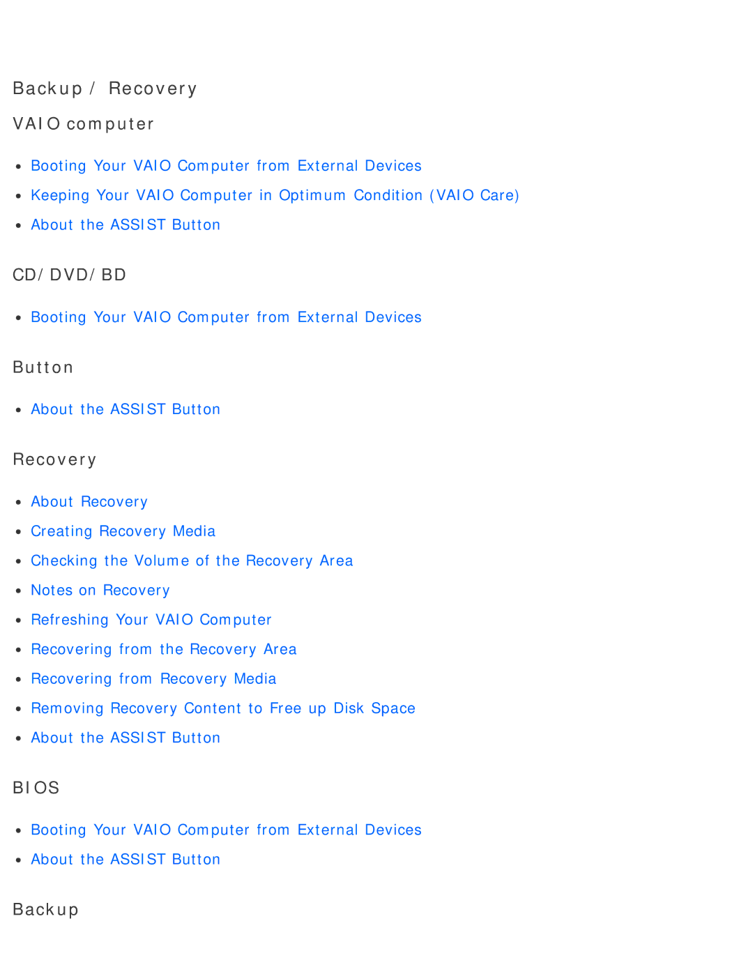 Sony SVD13225PXB manual Backup / Recovery 