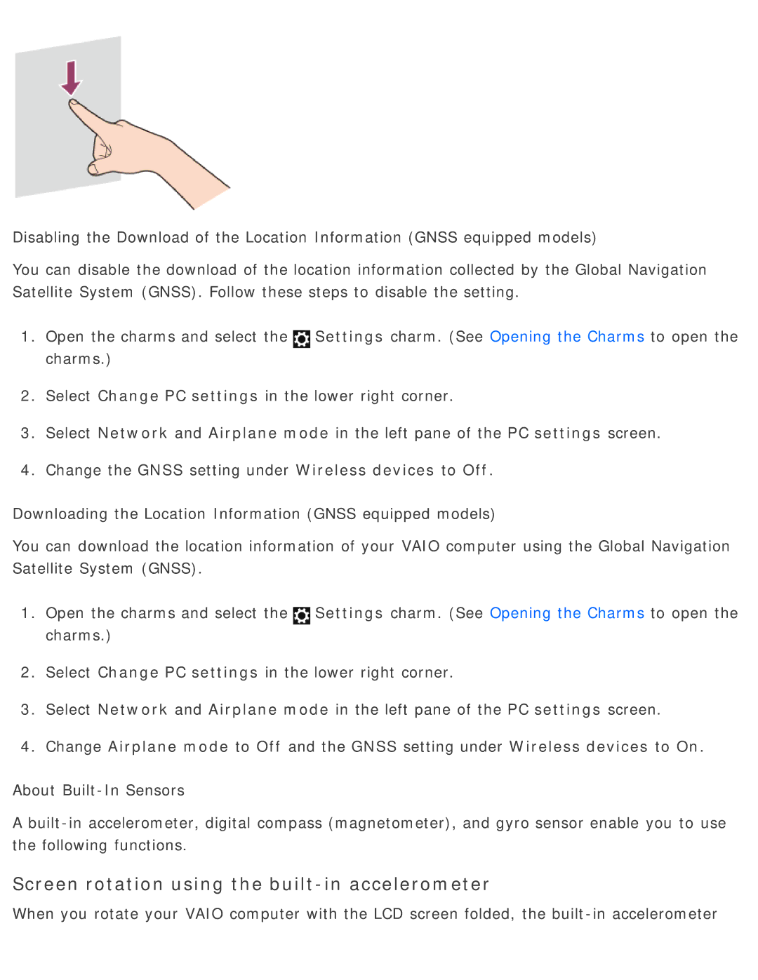 Sony SVD13225PXB manual Screen rotation using the built-in accelerometer 