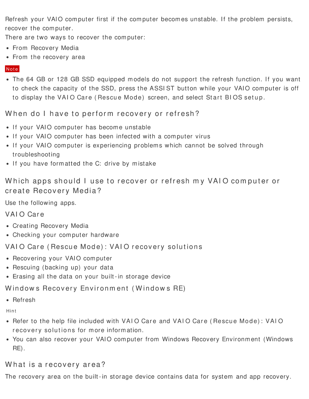 Sony SVD13225PXB manual When do I have to perform recovery or refresh?, What is a recovery area?, Vaio Care 