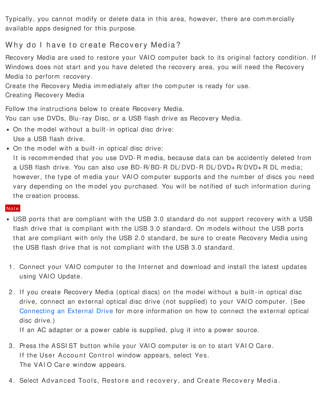 Sony SVD13225PXB manual Why do I have to create Recovery Media? 