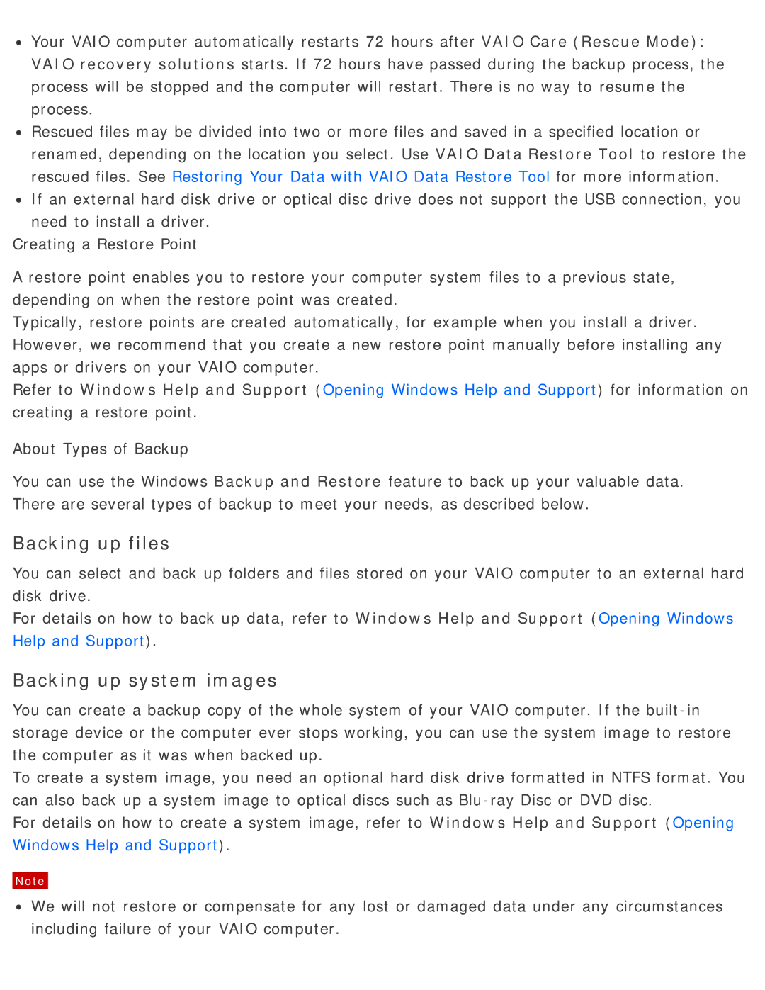 Sony SVD13225PXB manual Backing up files, Backing up system images 