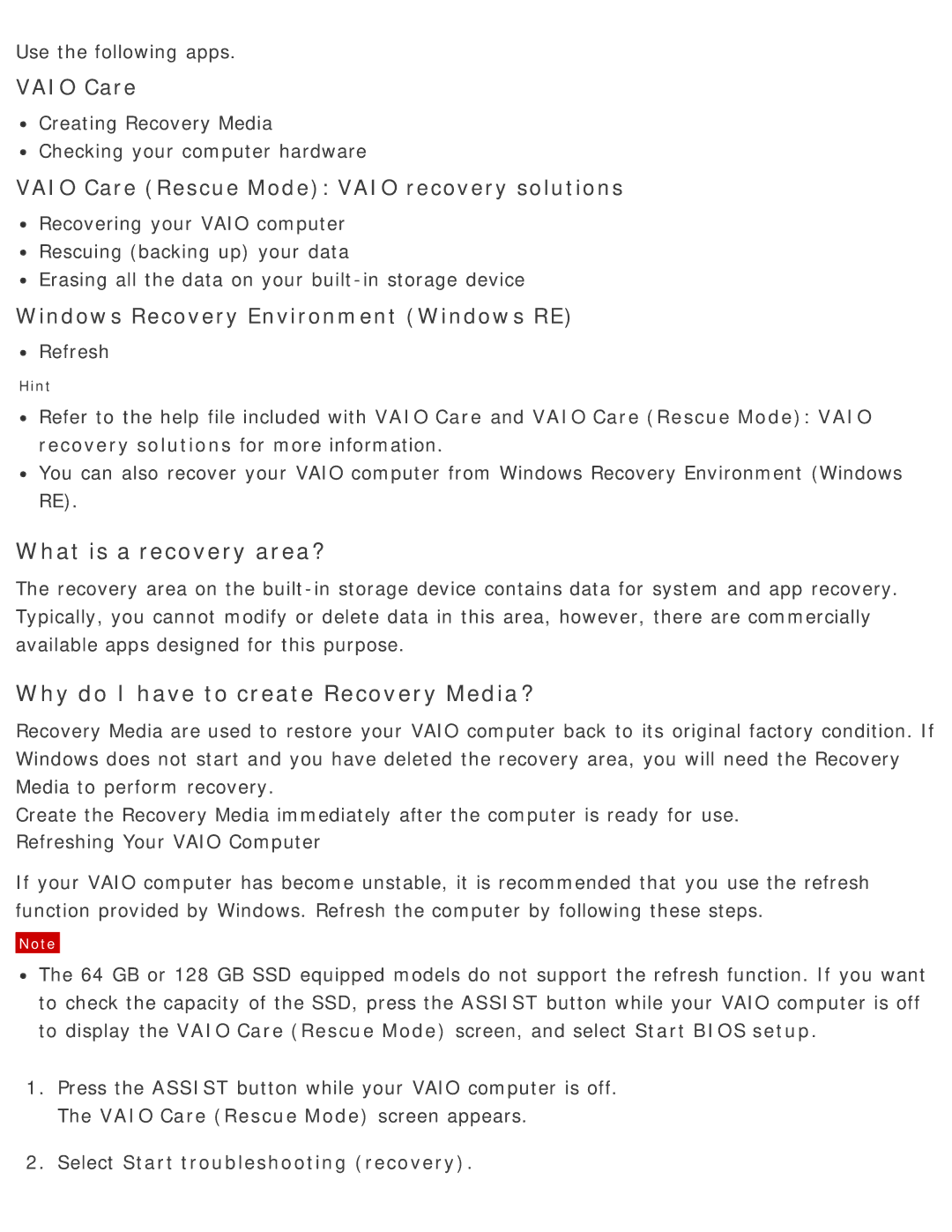 Sony SVD13225PXB manual What is a recovery area? 