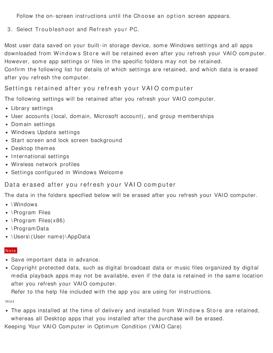 Sony SVD13225PXB manual Settings retained after you refresh your Vaio computer 