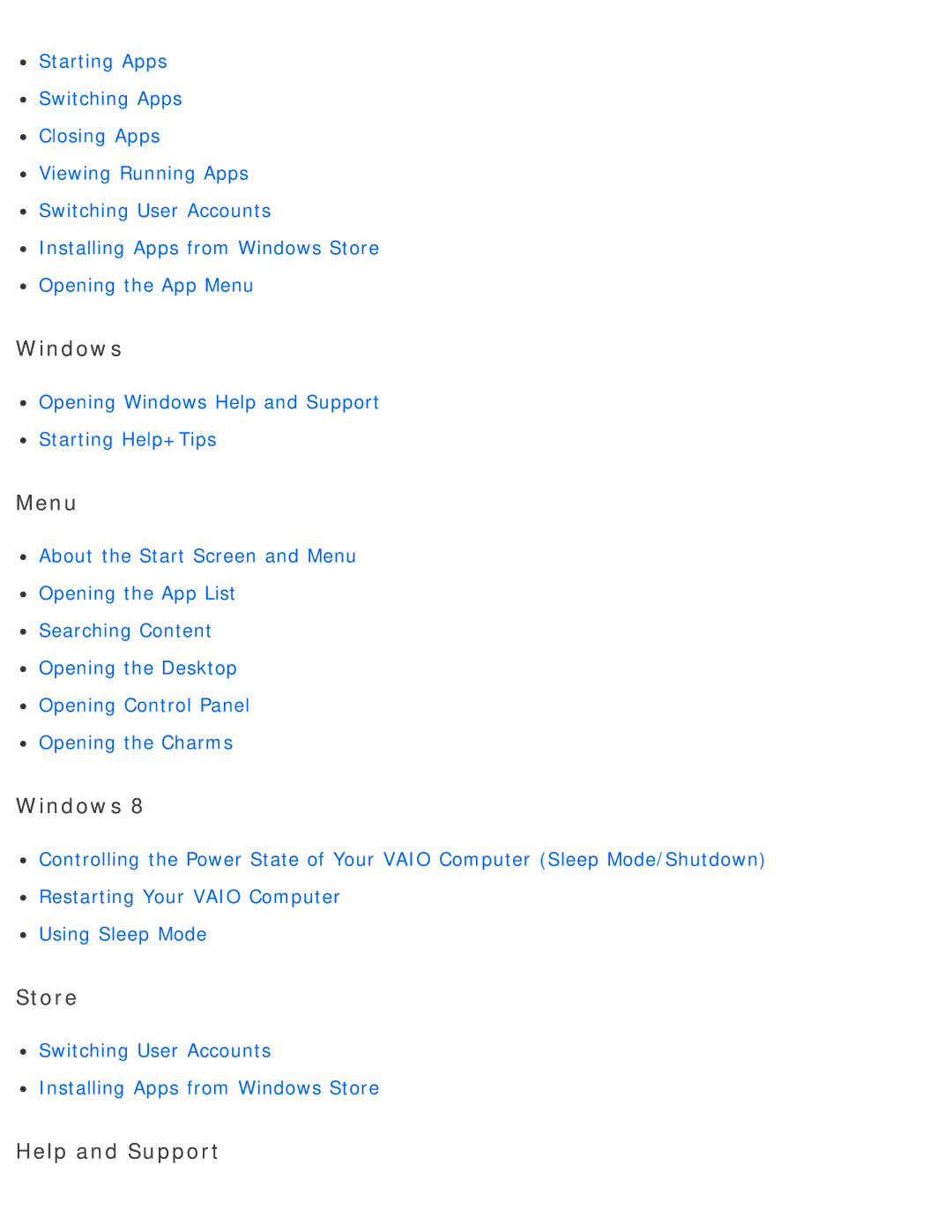 Sony SVD13225PXB manual Windows, Menu, Store, Help and Support 