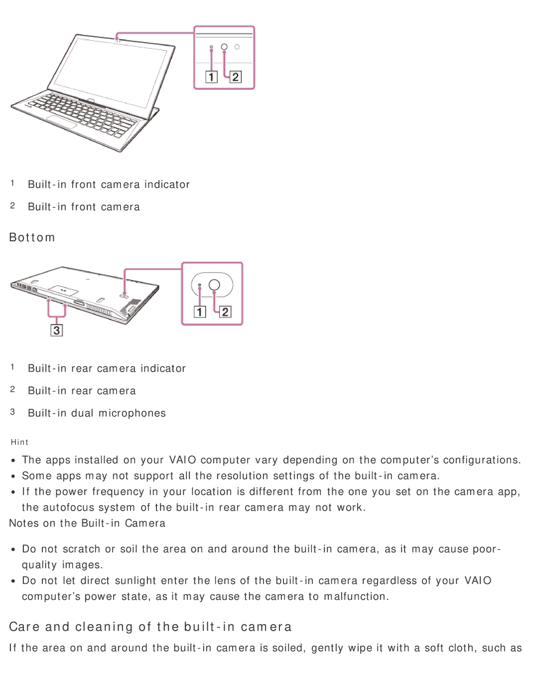 Sony SVD13225PXB manual Care and cleaning of the built-in camera, Bottom 