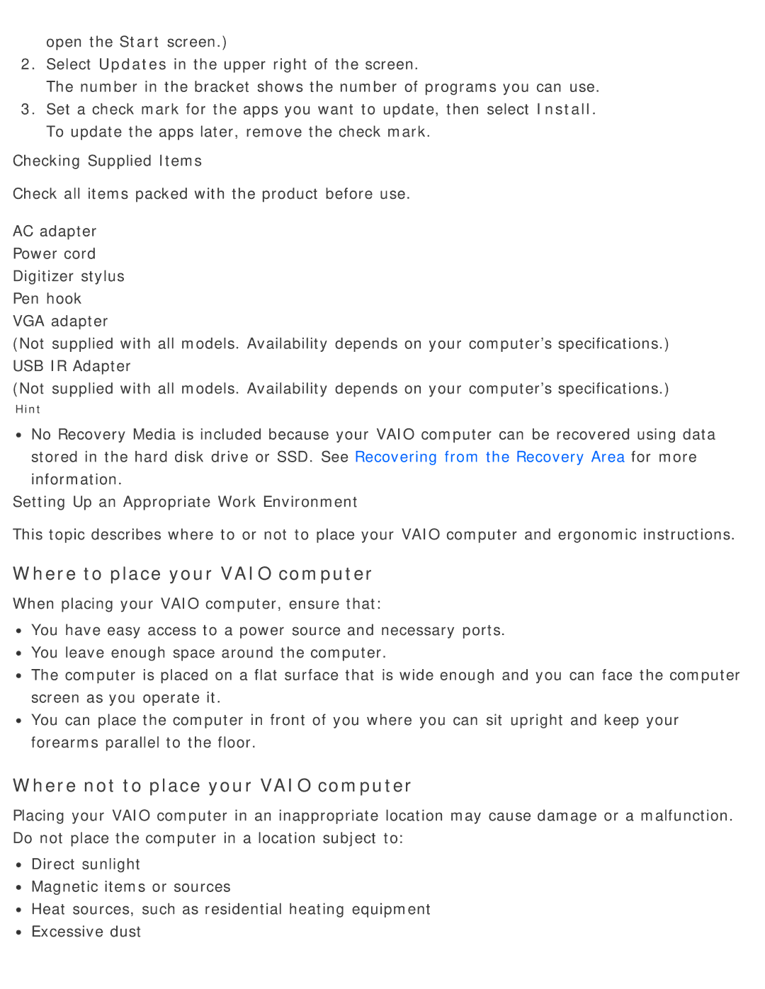 Sony SVD13225PXB manual Where to place your Vaio computer 