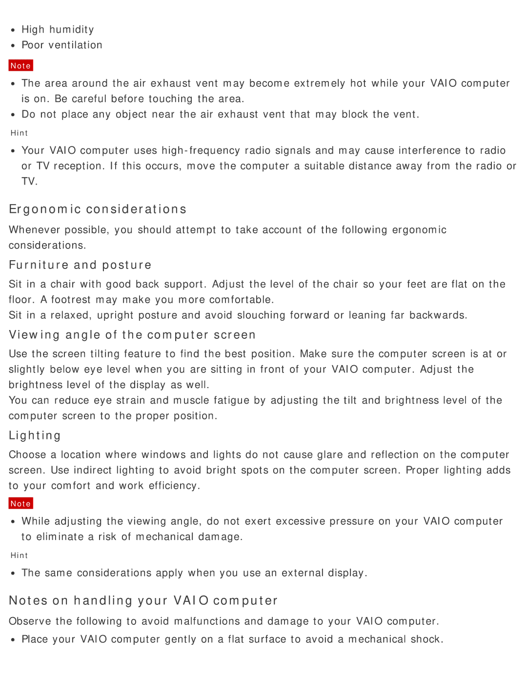 Sony SVD13225PXB manual Ergonomic considerations 