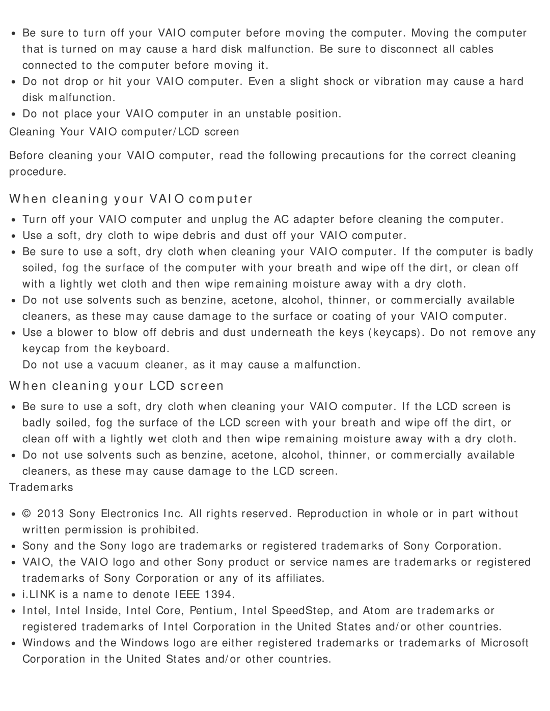 Sony SVD13225PXB manual When cleaning your Vaio computer, When cleaning your LCD screen 