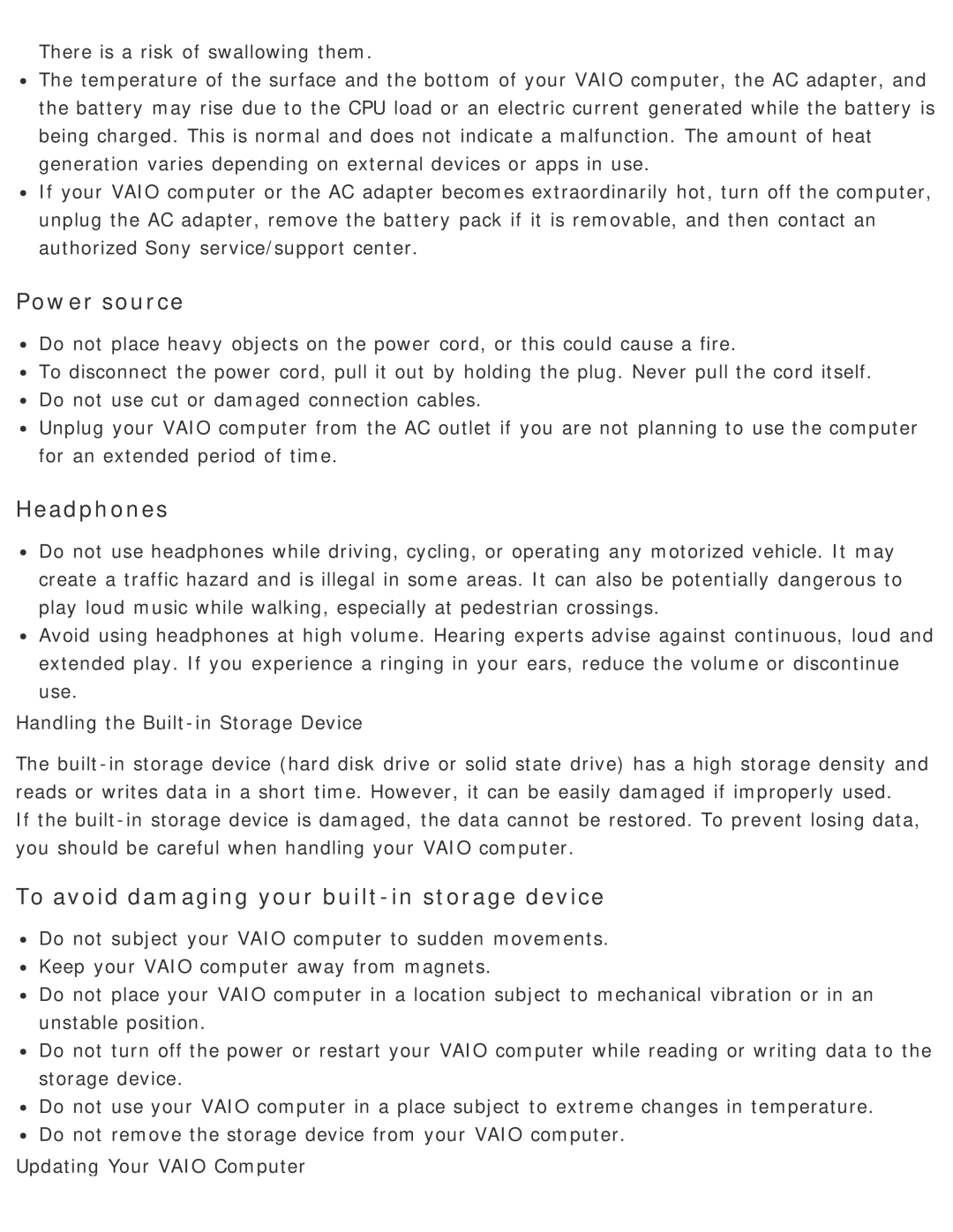 Sony SVD13225PXB manual Power source, Headphones, To avoid damaging your built-in storage device 