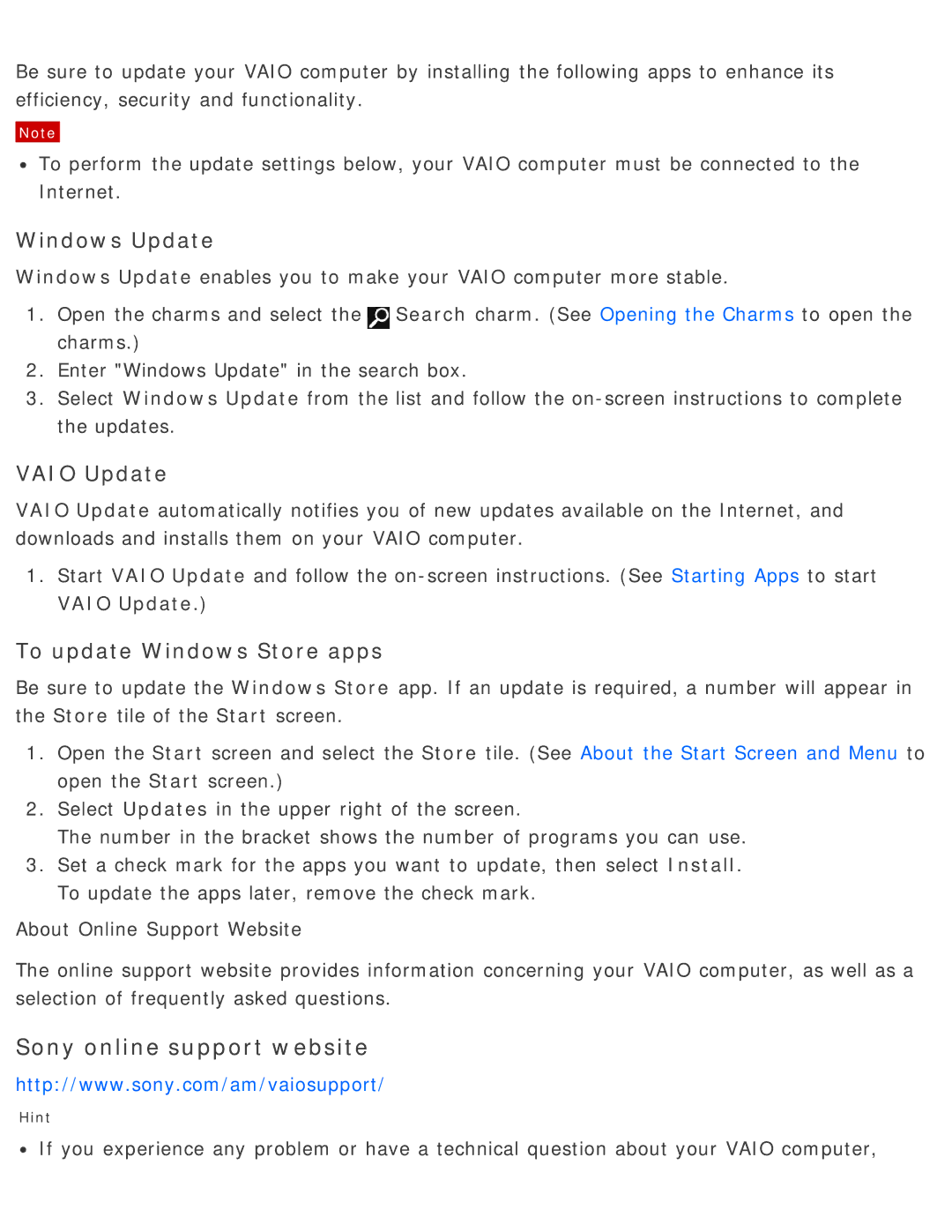 Sony SVD13225PXB manual Sony online support website, Windows Update 