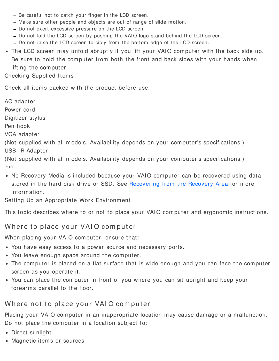 Sony SVD13225PXB manual Where to place your Vaio computer, Where not to place your Vaio computer 