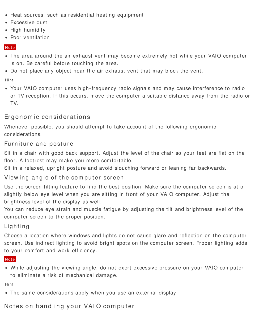 Sony SVD13225PXB manual Ergonomic considerations, Furniture and posture, Viewing angle of the computer screen, Lighting 