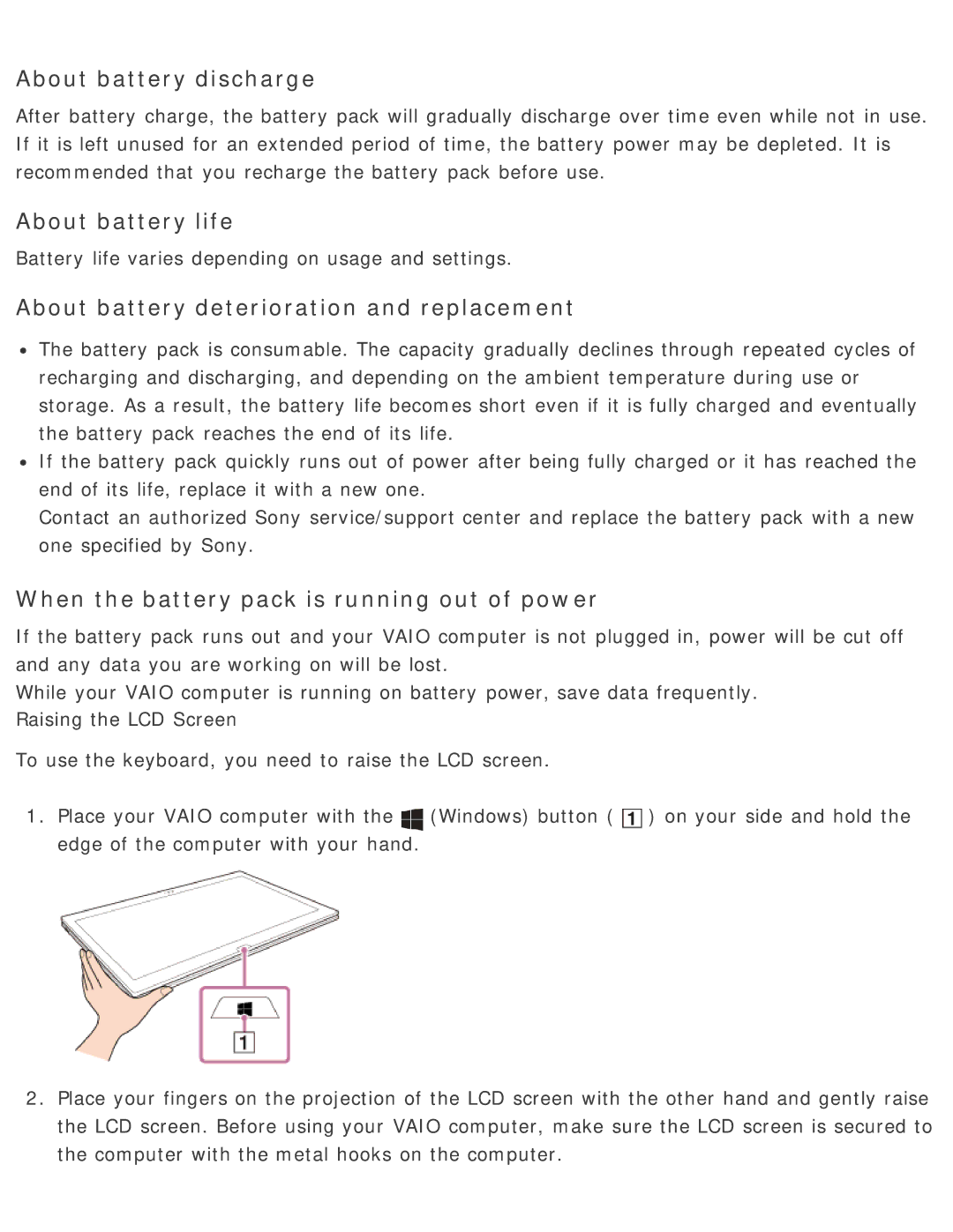 Sony SVD13225PXB manual About battery discharge, About battery life, About battery deterioration and replacement 