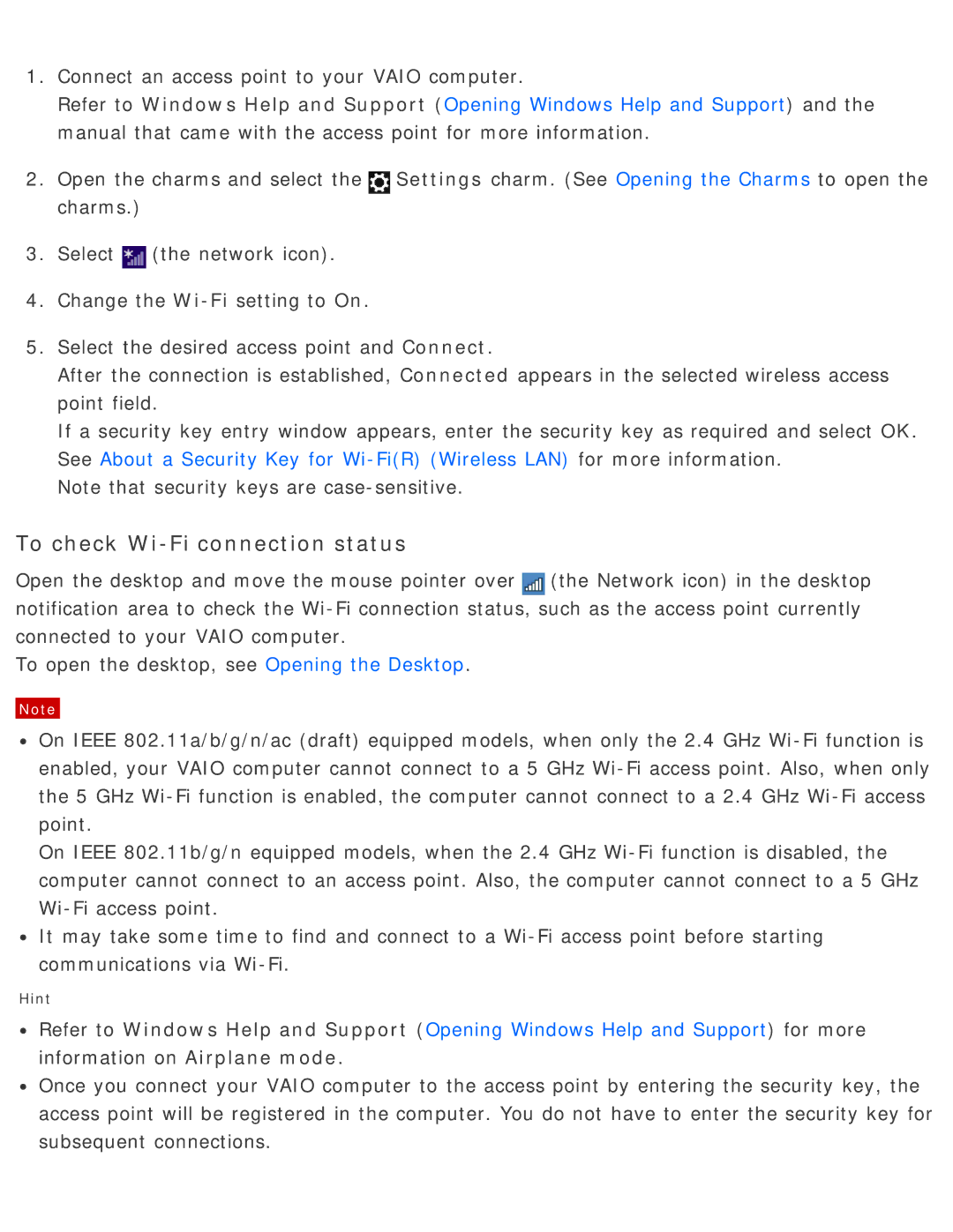 Sony SVD13225PXB manual To check Wi-Fi connection status, Connect an access point to your Vaio computer 