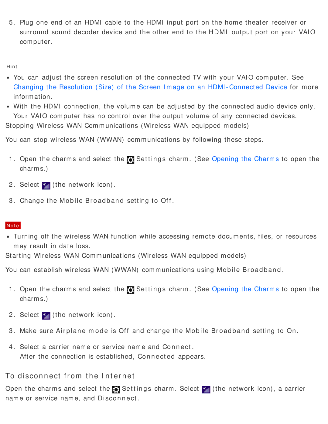 Sony SVD13225PXB manual To disconnect from the Internet 