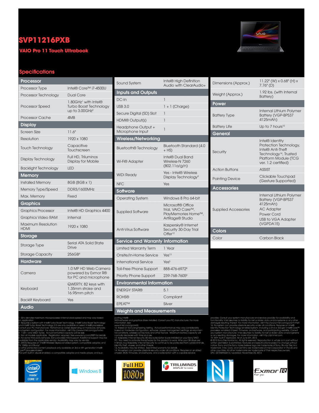 Sony SVP11216PXB warranty Specifications, VAIO Pro 11 Touch Ultrabook 