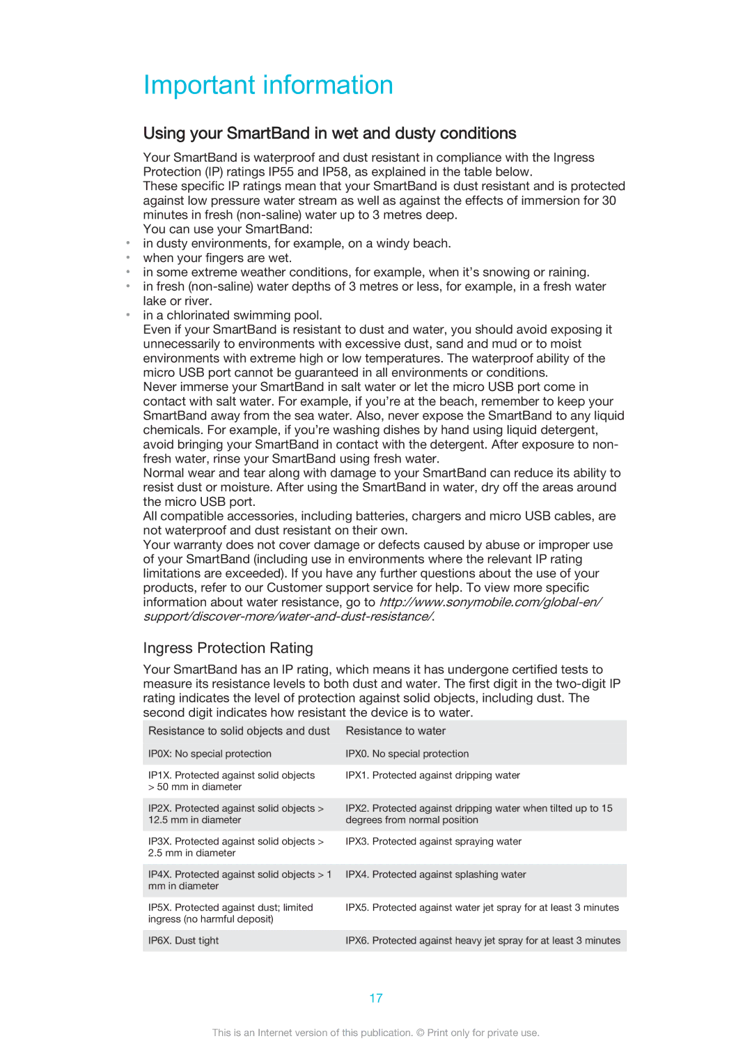 Sony SWR10 manual Important information, Using your SmartBand in wet and dusty conditions, Ingress Protection Rating 