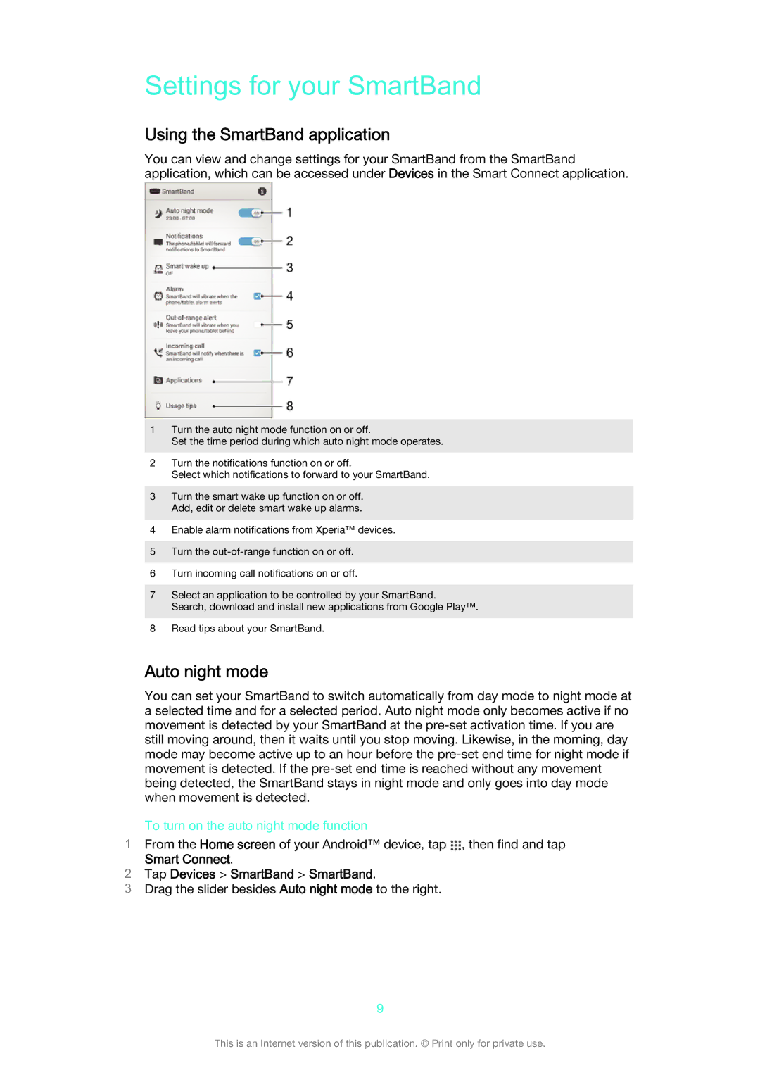 Sony SWR10 manual Settings for your SmartBand, Using the SmartBand application, Auto night mode 