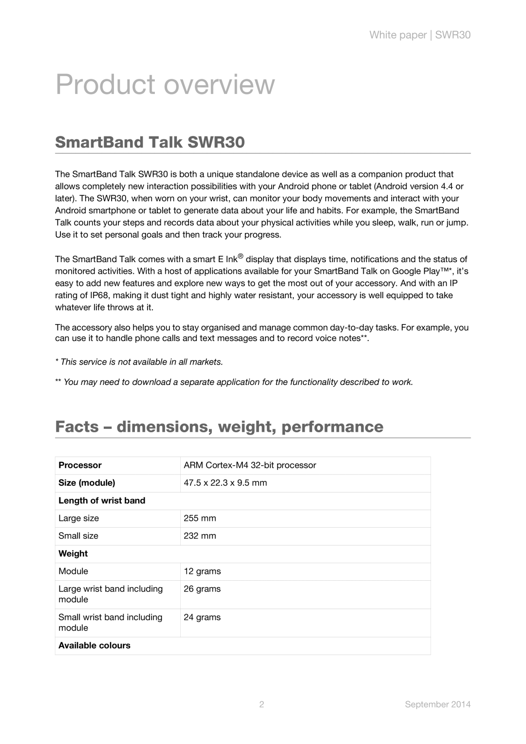 Sony manual Product overview, SmartBand Talk SWR30, Facts dimensions, weight, performance 