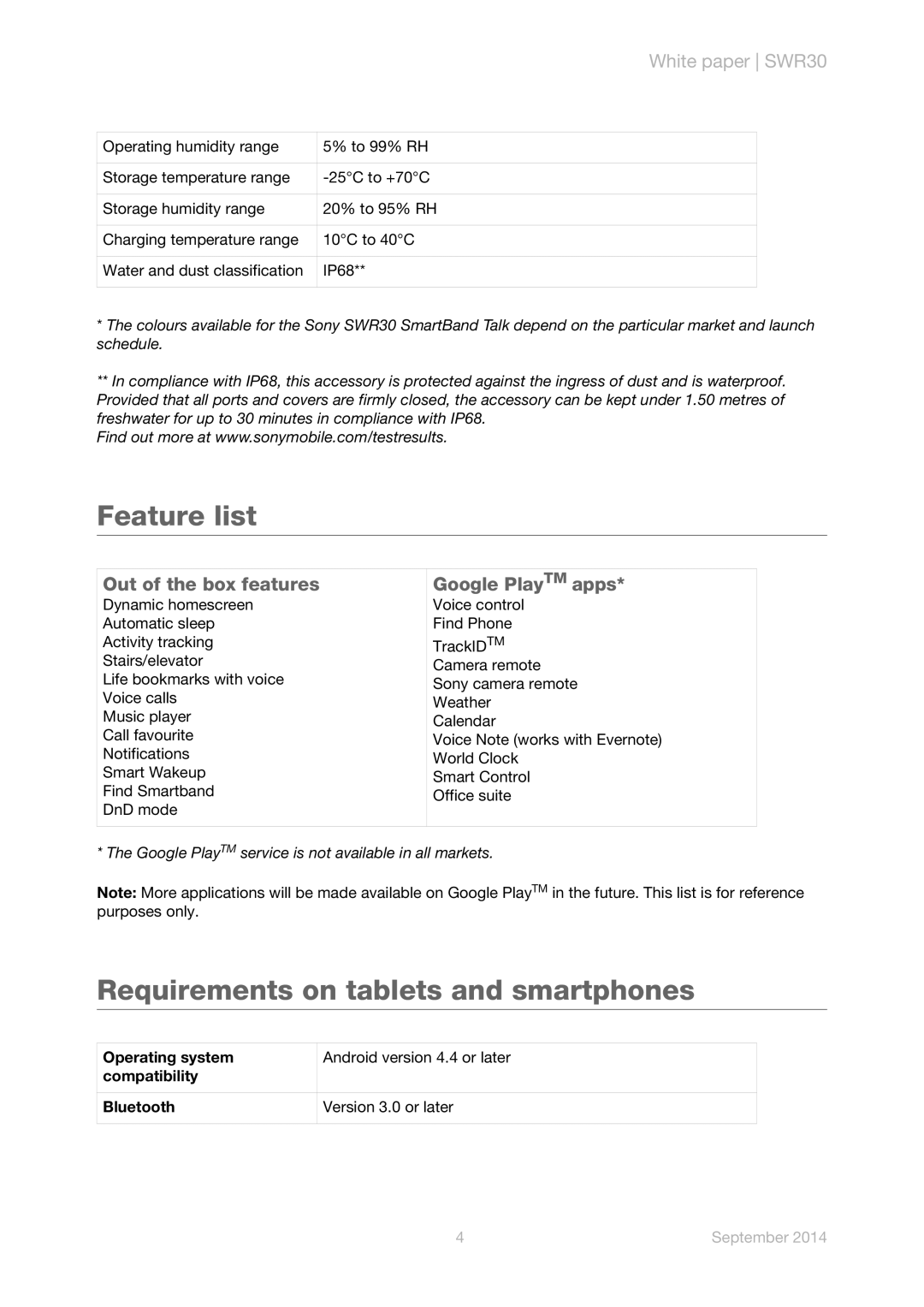 Sony SWR30 manual Feature list, Requirements on tablets and smartphones 