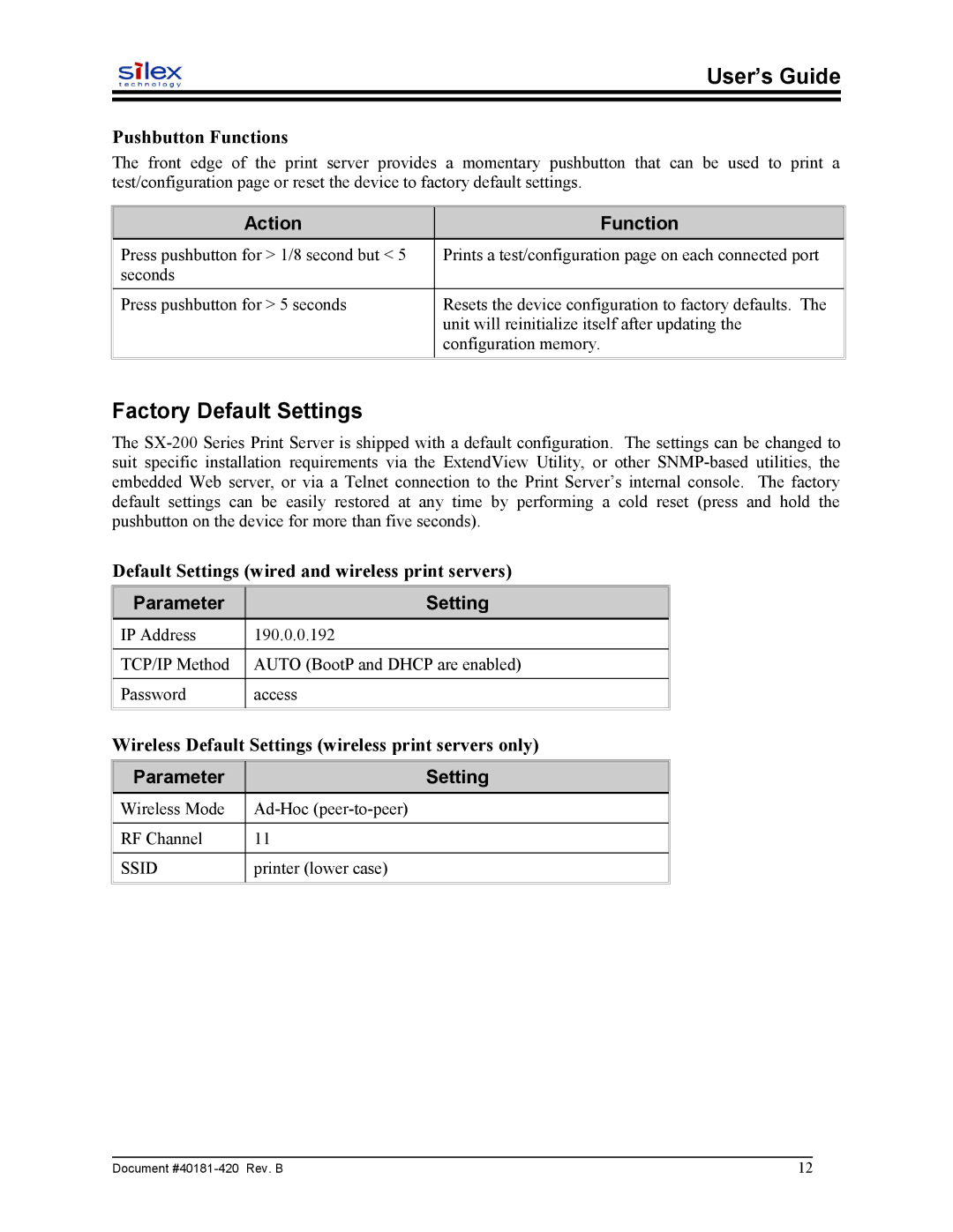 Sony SX-215 user manual Factory Default Settings, Pushbutton Functions, Default Settings wired and wireless print servers 