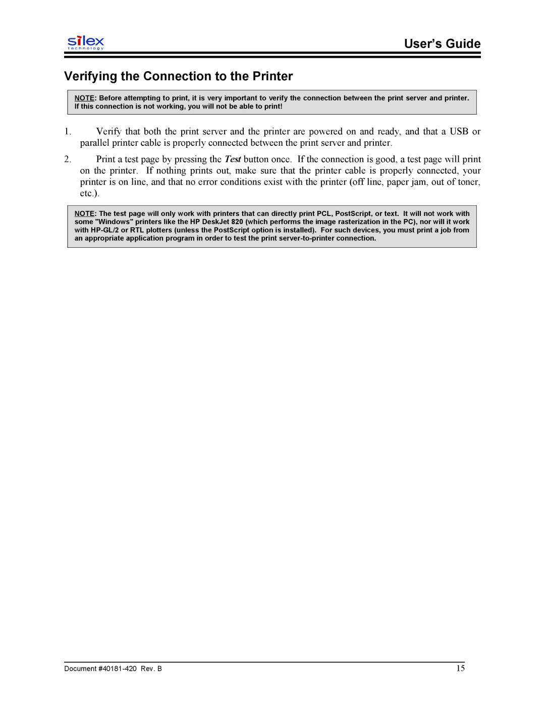 Sony SX-215 user manual User’s Guide Verifying the Connection to the Printer 