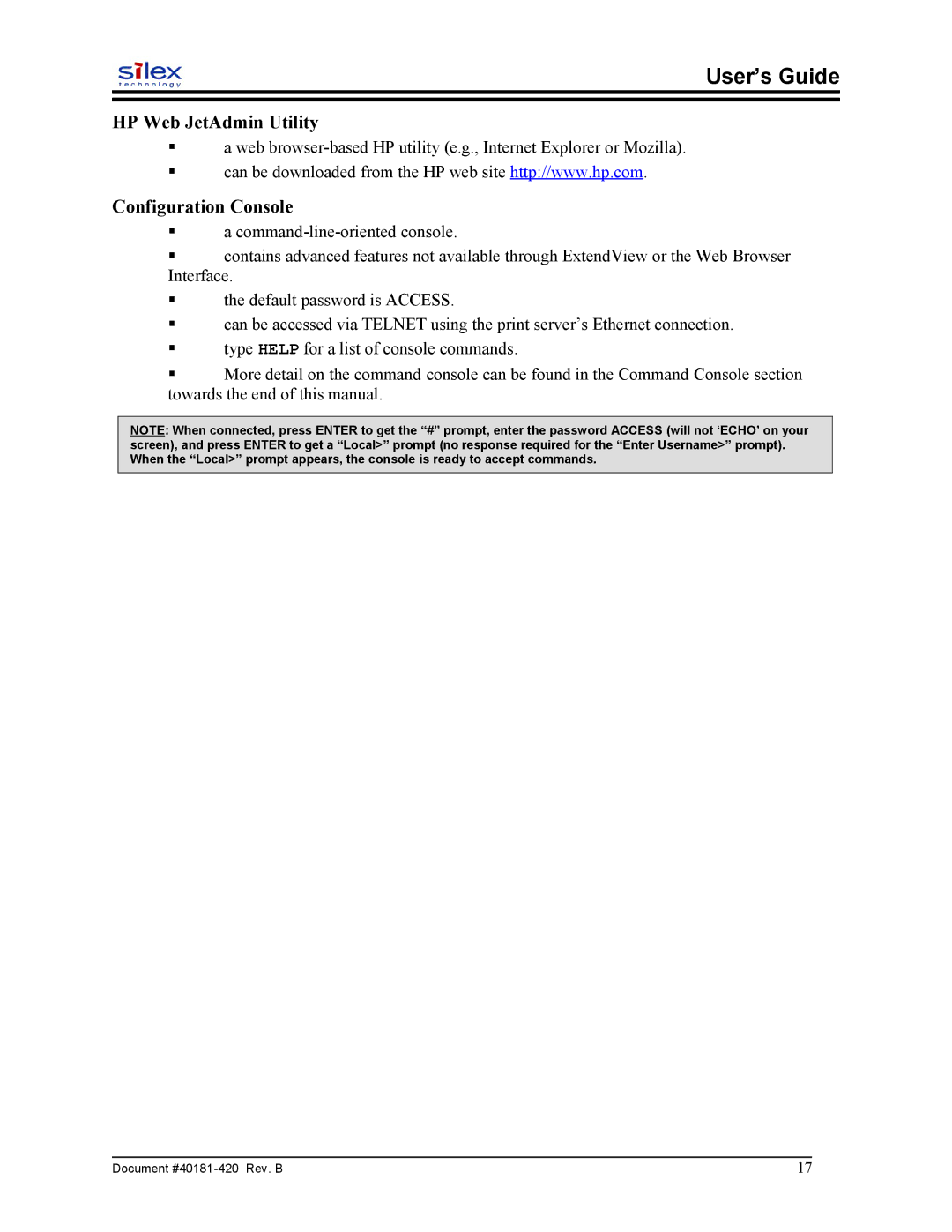 Sony SX-215 user manual HP Web JetAdmin Utility, Configuration Console 