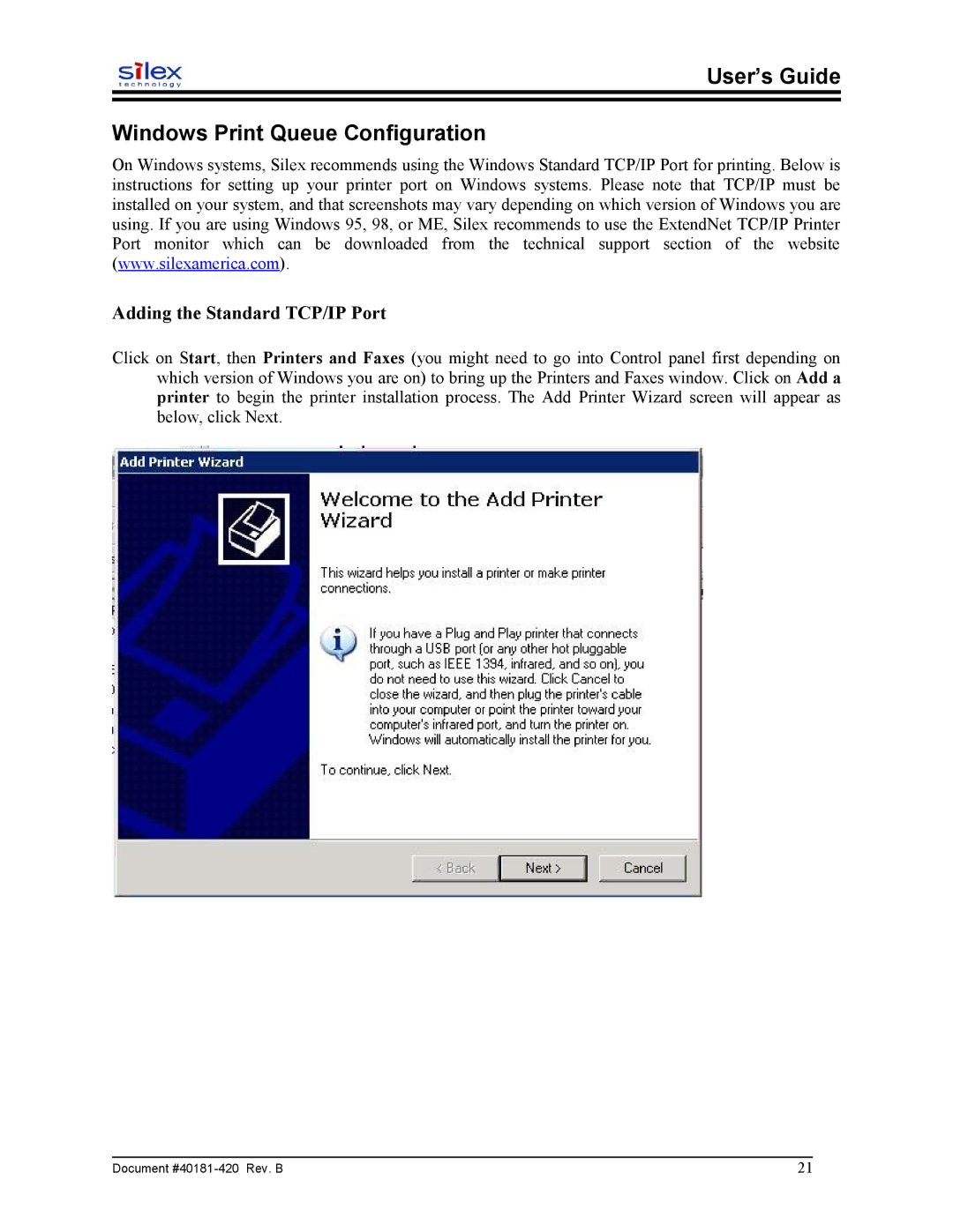 Sony SX-215 user manual User’s Guide Windows Print Queue Configuration, Adding the Standard TCP/IP Port 