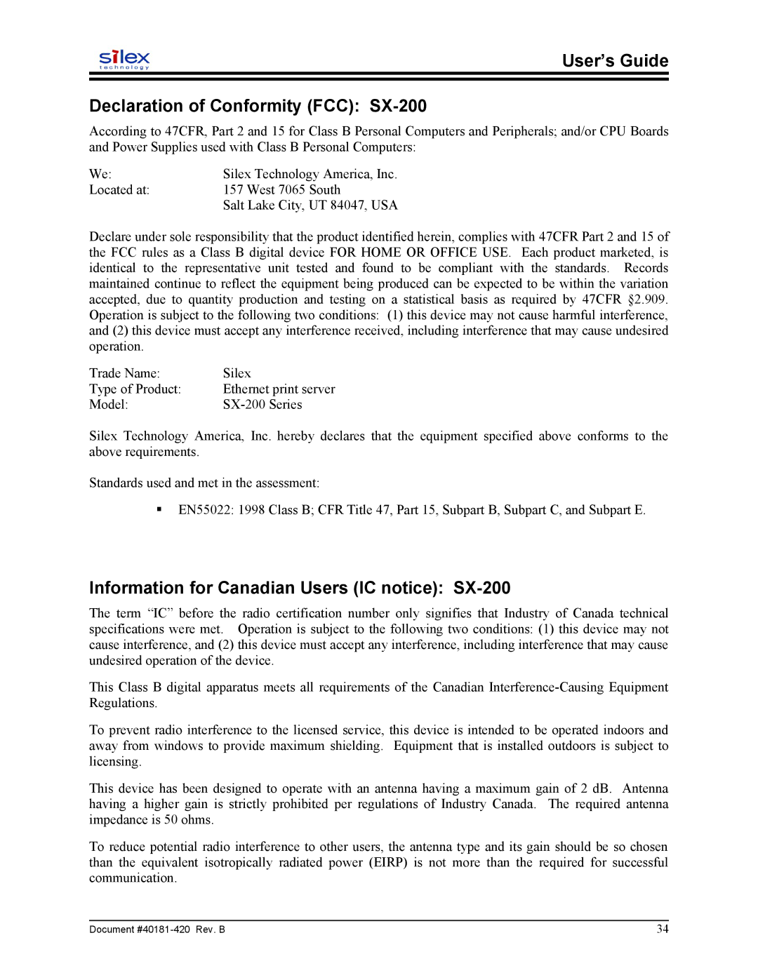 Sony SX-215 user manual User’s Guide Declaration of Conformity FCC SX-200, Information for Canadian Users IC notice SX-200 