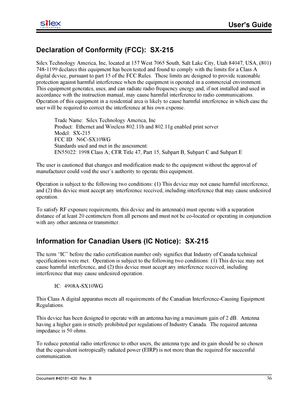 Sony user manual User’s Guide Declaration of Conformity FCC SX-215, Information for Canadian Users IC Notice SX-215 