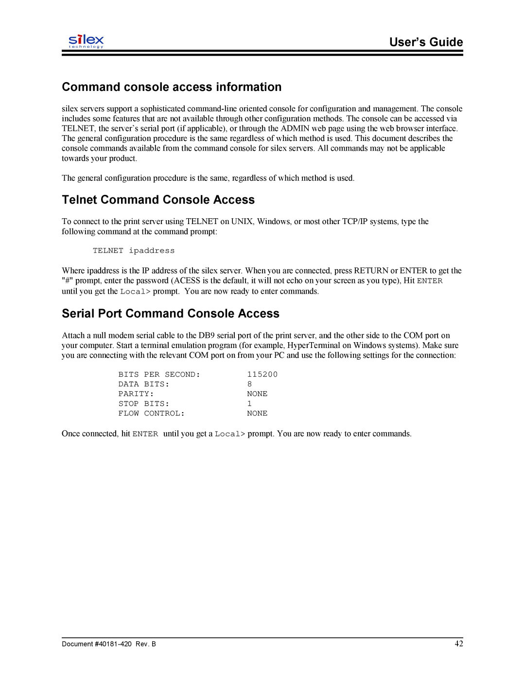 Sony SX-215 user manual User’s Guide Command console access information, Telnet Command Console Access 