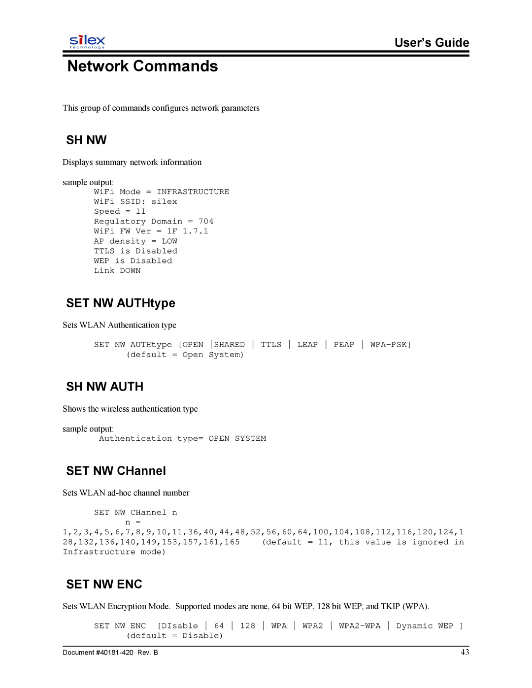 Sony SX-215 user manual Network Commands, Sh Nw, SH NW Auth, Set Nw Enc 