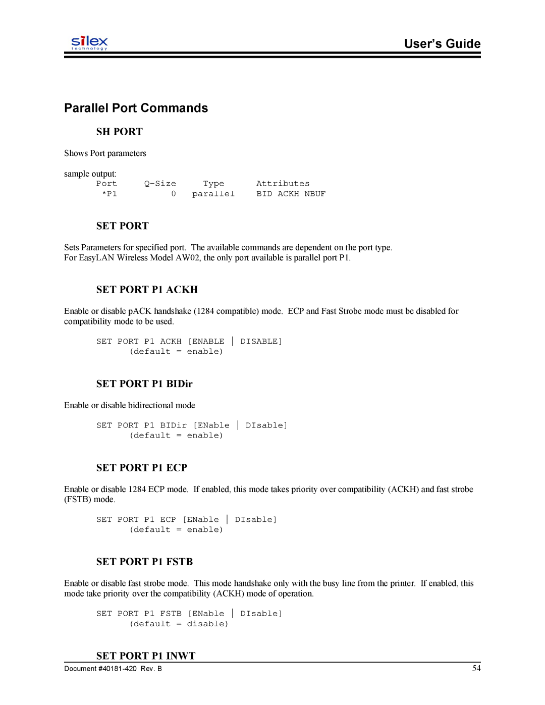 Sony SX-215 user manual User’s Guide Parallel Port Commands, SET Port P1 BIDir, Shows Port parameters Sample output 