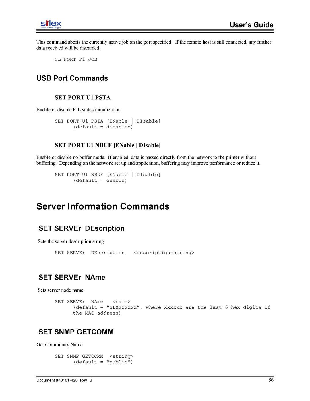 Sony SX-215 Server Information Commands, USB Port Commands, SET SERVEr DEscription, SET SERVEr NAme, SET Snmp Getcomm 