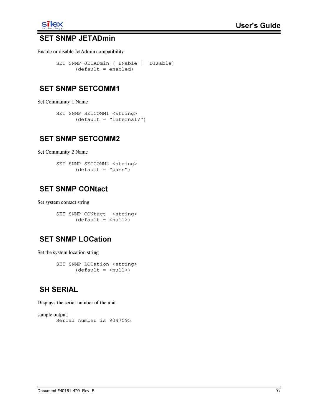 Sony SX-215 user manual SET Snmp SETCOMM1, SET Snmp SETCOMM2, SH Serial 