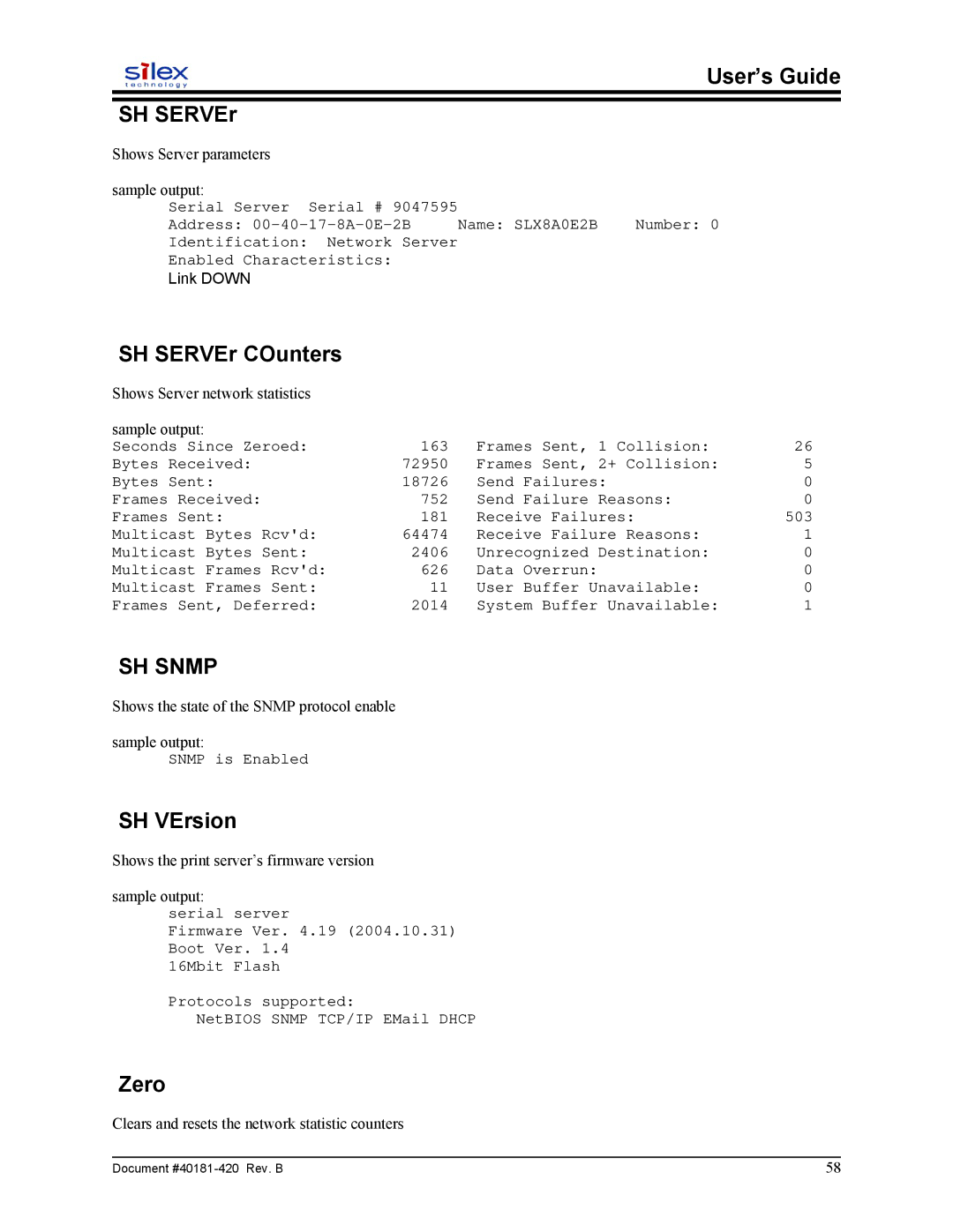 Sony SX-215 user manual User’s Guide SH SERVEr, SH SERVEr COunters, SH Snmp, SH VErsion, Zero 