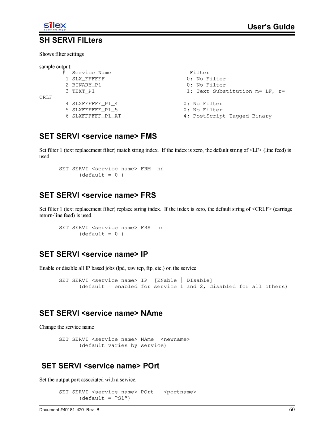 Sony SX-215 user manual User’s Guide SH Servi FILters, SET Servi service name FMS, SET Servi service name FRS 