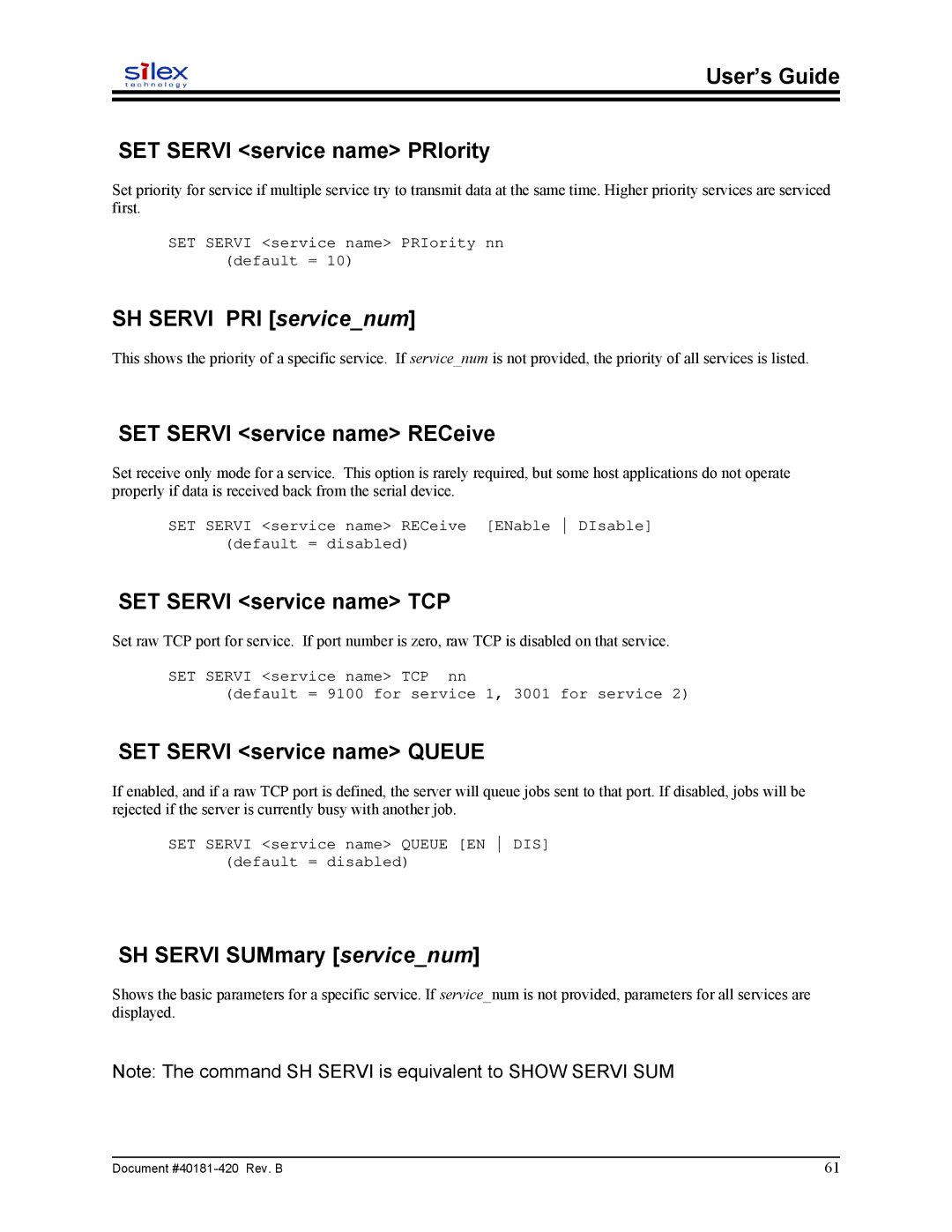 Sony SX-215 User’s Guide SET Servi service name PRIority, SH Servi PRI servicenum, SET Servi service name RECeive 