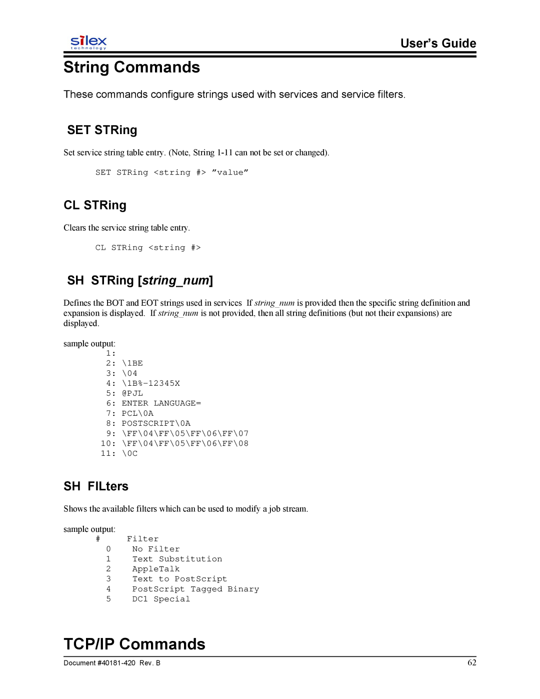 Sony SX-215 user manual String Commands, TCP/IP Commands 