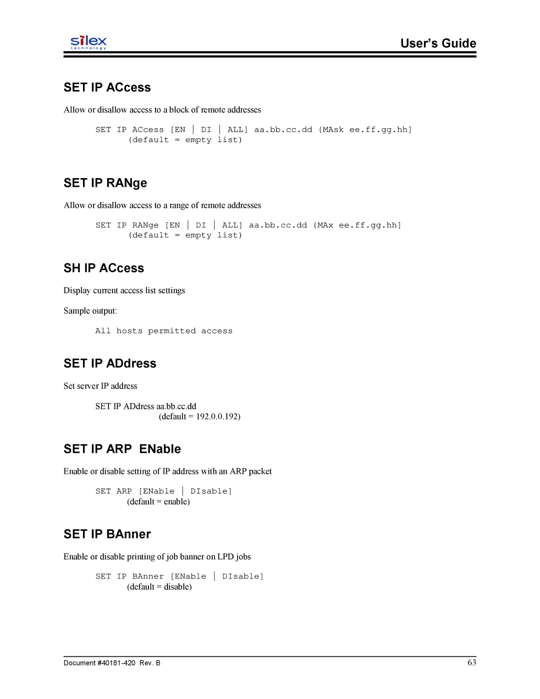 Sony SX-215 User’s Guide SET IP ACcess, SET IP RANge, SH IP ACcess, SET IP ADdress, SET IP ARP ENable, SET IP BAnner 