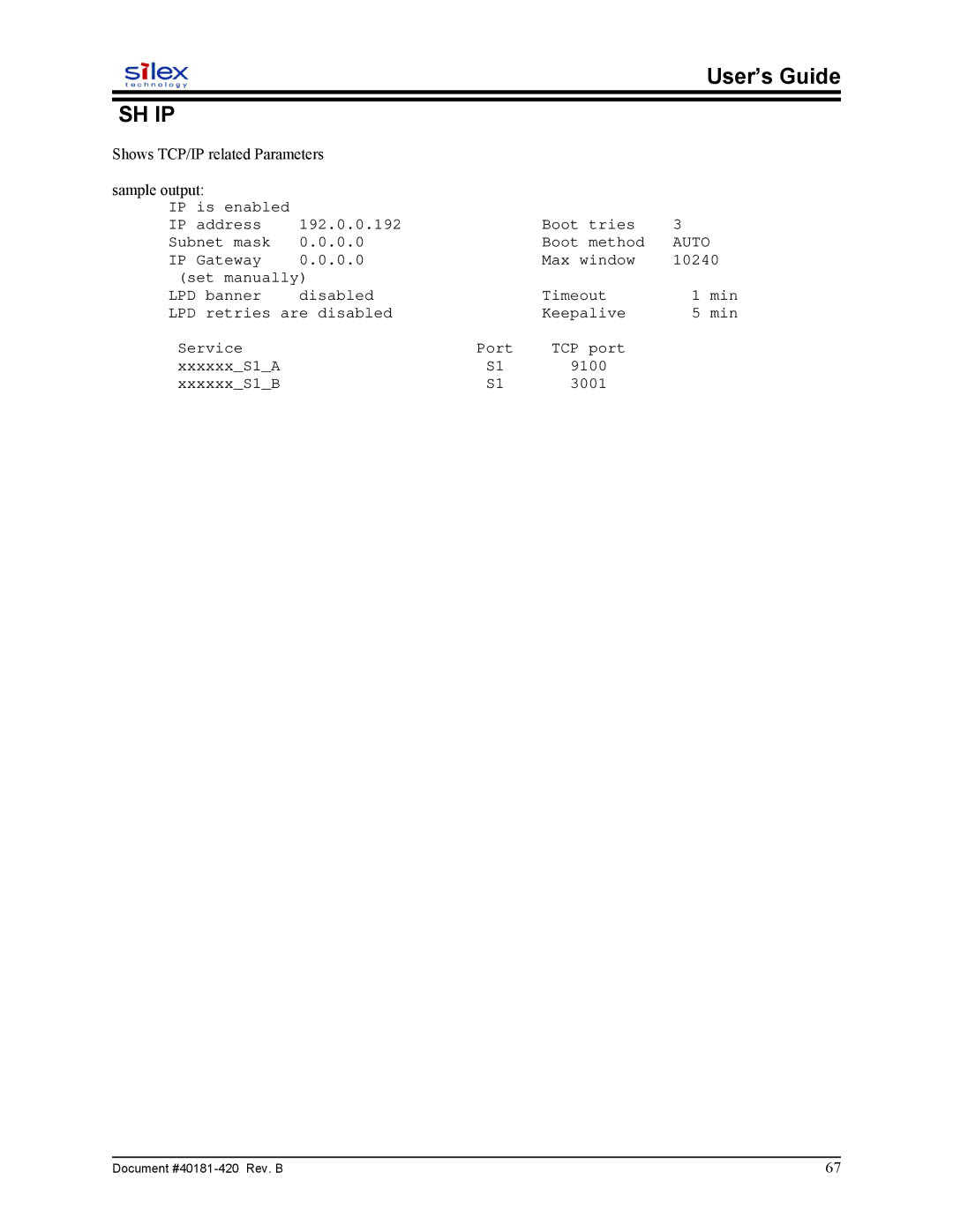 Sony SX-215 user manual Sh Ip, Shows TCP/IP related Parameters Sample output 