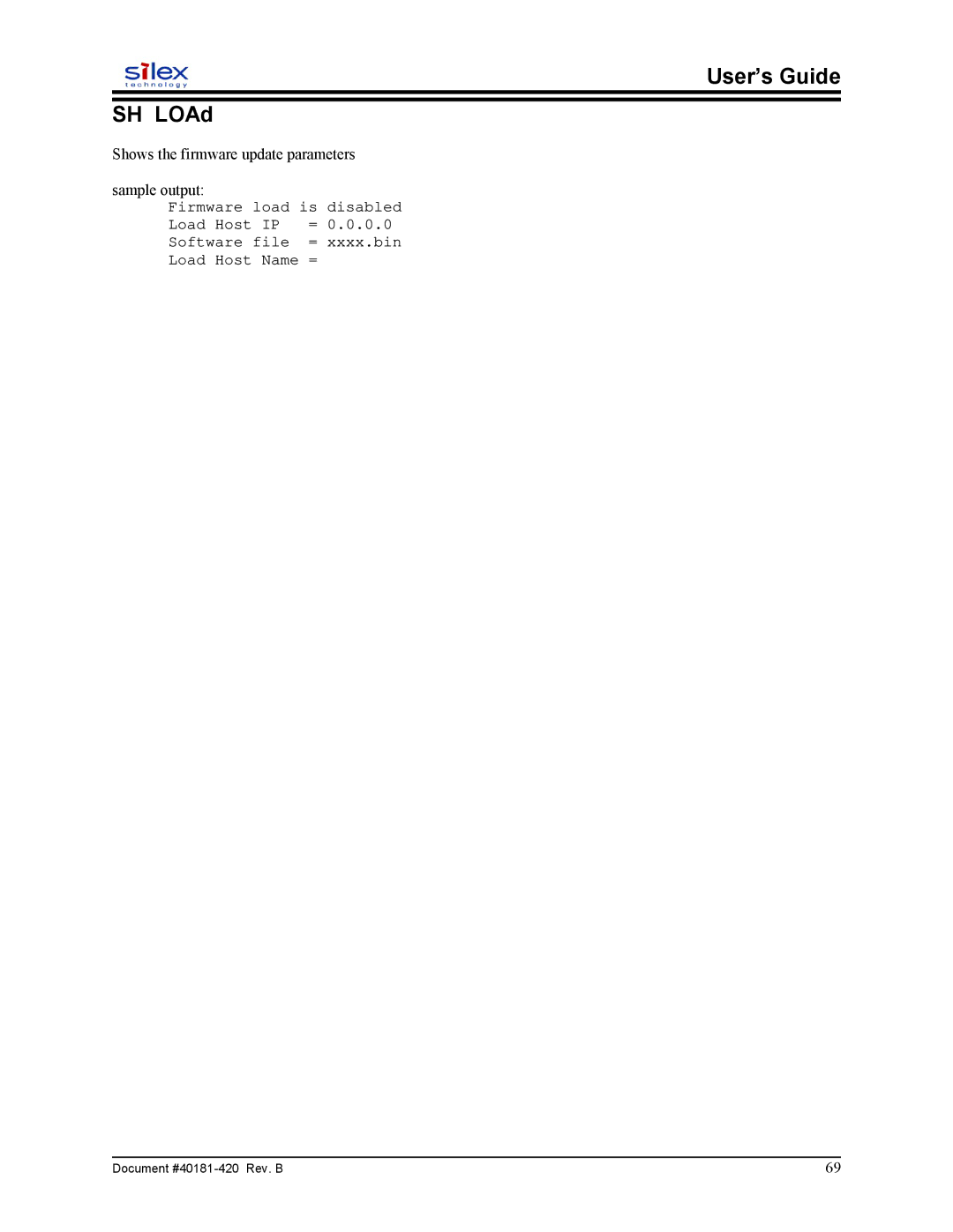 Sony SX-215 user manual User’s Guide SH LOAd, Shows the firmware update parameters Sample output 